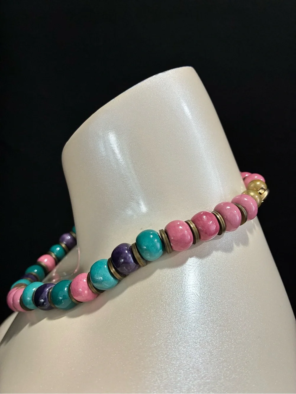 VTG Chunky Ceramic Pink, Teal & Purple Beaded Necklace with Antique Gold Spacers